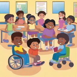 A diverse group of children in a classroom, each with different skin tones, hair types, and physical abilities