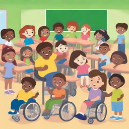 A diverse group of children in a classroom, each with different skin tones, hair types, and physical abilities