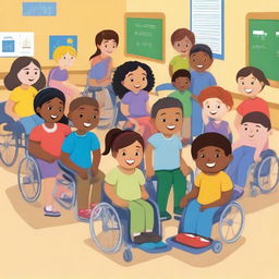 A diverse group of children in a classroom, each with different skin tones, hair types, and physical abilities