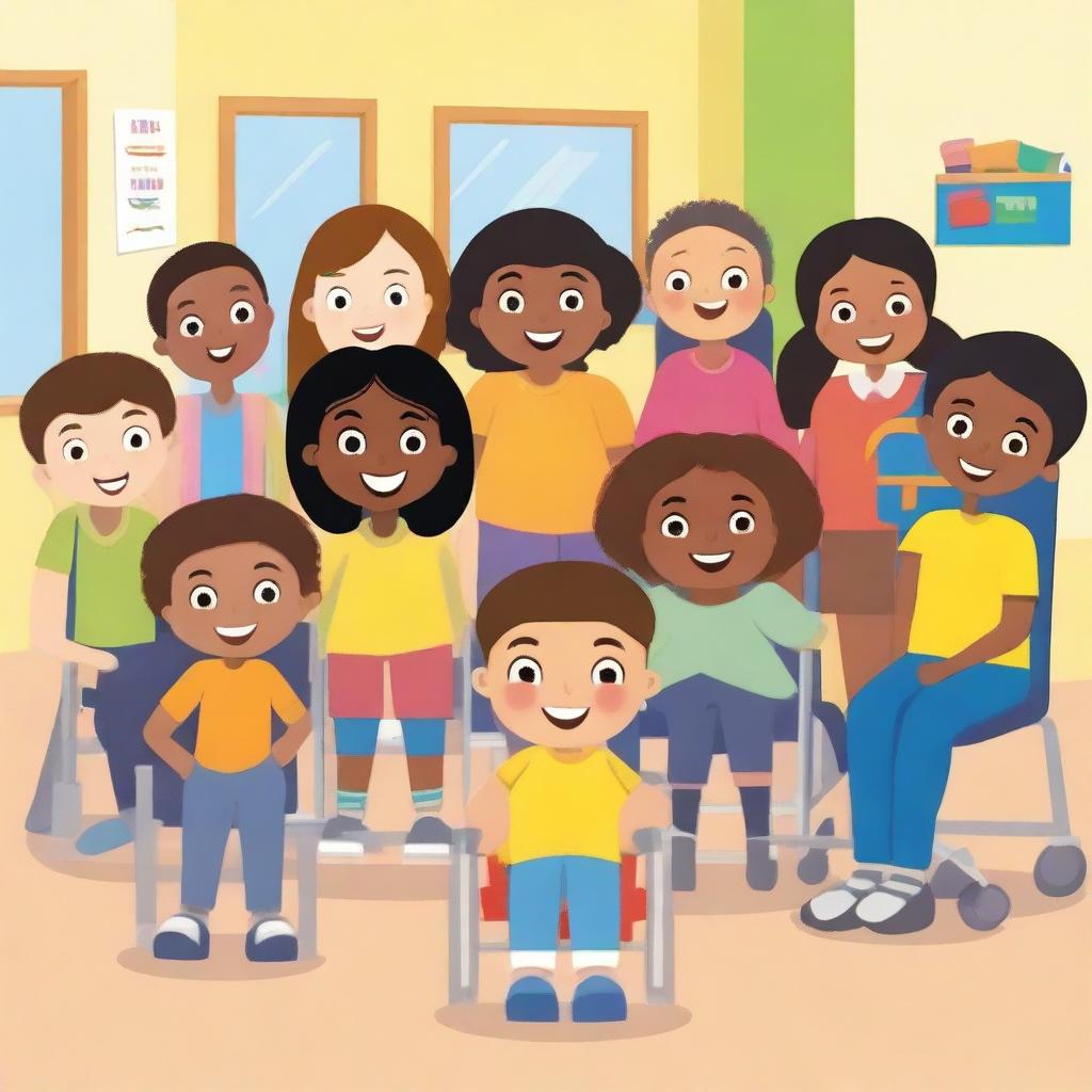 A diverse group of children in a classroom, each with different skin tones, hair types, and physical abilities