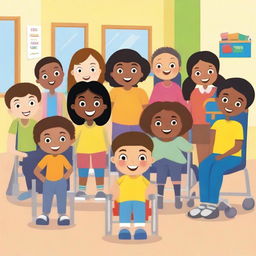 A diverse group of children in a classroom, each with different skin tones, hair types, and physical abilities