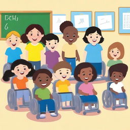 A diverse group of children in a classroom, each with different skin tones, hair types, and physical abilities