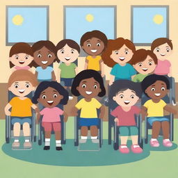 A diverse group of children in a classroom, each with different skin tones, hair types, and physical abilities