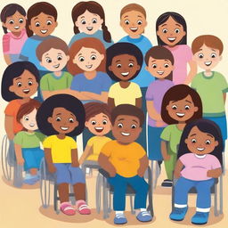 A diverse group of children in a classroom, each with different skin tones, hair types, and physical abilities