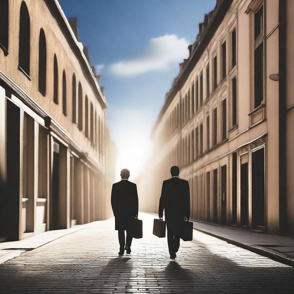 A businessman seen from behind, holding a briefcase and walking towards a beautiful street