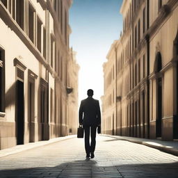 A businessman seen from behind, holding a briefcase and walking towards a beautiful street