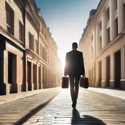 A businessman seen from behind, holding a briefcase and walking towards a beautiful street