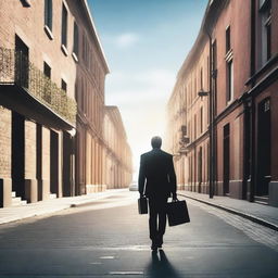 A businessman seen from behind, holding a briefcase and walking towards a beautiful street