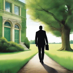 A businessman, seen from behind, is walking towards a lush green pasture