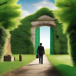 A businessman, seen from behind, is walking towards a lush green pasture