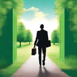 A businessman, seen from behind, is walking towards a lush green pasture