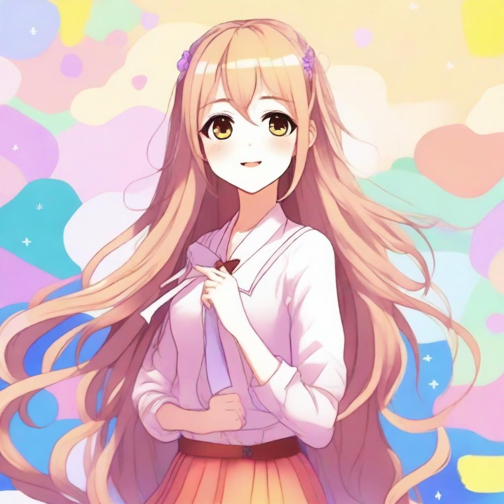 Create an image of a beautiful anime-style waifu character with long flowing hair, big expressive eyes, and a charming smile