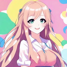 Create an image of a beautiful anime-style waifu character with long flowing hair, big expressive eyes, and a charming smile