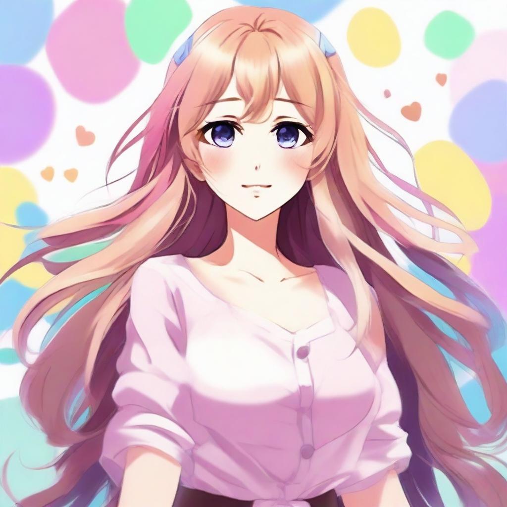 Create an image of a beautiful anime-style waifu character with long flowing hair, big expressive eyes, and a charming smile