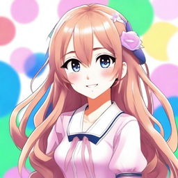 Create an image of a beautiful anime-style waifu character with long flowing hair, big expressive eyes, and a charming smile