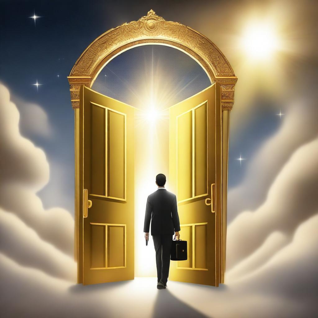 A businessman is seen entering a door in the sky, symbolizing a heavenly entrance