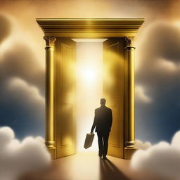 A businessman is seen entering a door in the sky, symbolizing a heavenly entrance