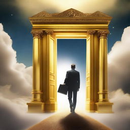 A businessman is seen entering a door in the sky, symbolizing a heavenly entrance