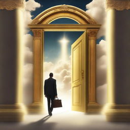 A businessman is seen entering a door in the sky, symbolizing a heavenly entrance