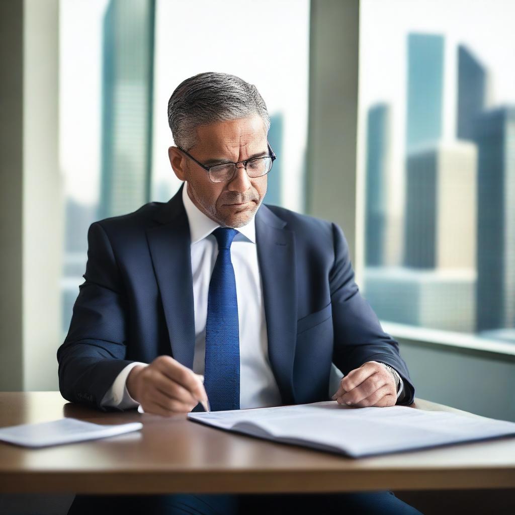 A businessman sitting at a desk, deeply engrossed in reading a Bible