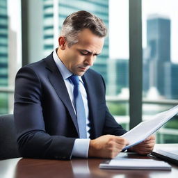 A businessman sitting at a desk, deeply engrossed in reading a Bible