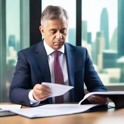 A businessman sitting at a desk, deeply engrossed in reading a Bible