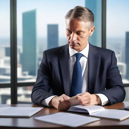 A businessman sitting at a desk, deeply engrossed in reading a Bible