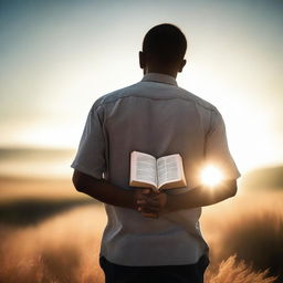 A man seen from behind, holding a Bible in his hands