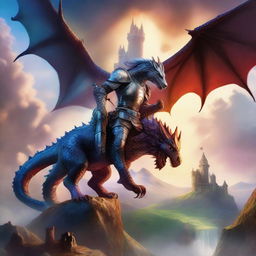 A fantasy-themed book cover featuring a heroic knight in shining armor standing atop a hill, with a majestic dragon soaring in the sky above a medieval castle in the background