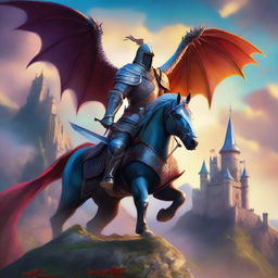 A fantasy-themed book cover featuring a heroic knight in shining armor standing atop a hill, with a majestic dragon soaring in the sky above a medieval castle in the background