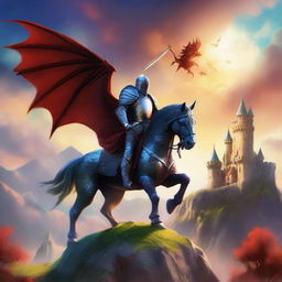 A fantasy-themed book cover featuring a heroic knight in shining armor standing atop a hill, with a majestic dragon soaring in the sky above a medieval castle in the background