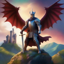 A fantasy-themed book cover featuring a heroic knight in shining armor standing atop a hill, with a majestic dragon soaring in the sky above a medieval castle in the background