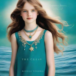 Design a captivating book cover for 'The Ocean’s Heir' featuring a 13-year-old girl wearing a gorgeous, flowing dress made of pure, sea blue silk, embroidered with gold waves