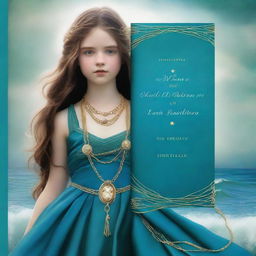 Design a captivating book cover for 'The Ocean’s Heir' featuring a 13-year-old girl wearing a gorgeous, flowing dress made of pure, sea blue silk, embroidered with gold waves