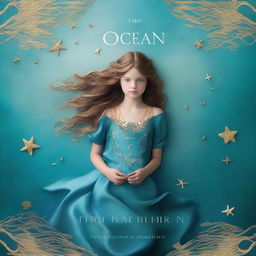 Design a captivating book cover for 'The Ocean’s Heir' featuring a 13-year-old girl wearing a gorgeous, flowing dress made of pure, sea blue silk, embroidered with gold waves