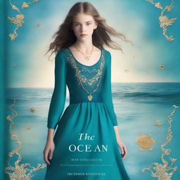 Design a captivating book cover for 'The Ocean’s Heir' featuring a 13-year-old girl wearing a gorgeous, flowing dress made of pure, sea blue silk, embroidered with gold waves