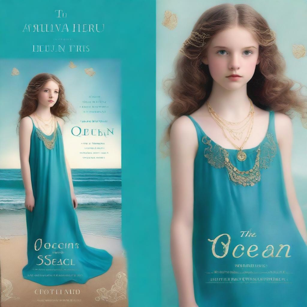 Design a book cover for 'The Ocean’s Heir' featuring a 13-year-old girl wearing a gorgeous, flowing dress made of pure, sea blue silk, embroidered with gold waves