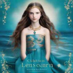 Design a book cover for 'The Ocean’s Heir' featuring a 13-year-old girl wearing a gorgeous, flowing dress made of pure, sea blue silk, embroidered with gold waves