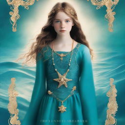 Design a book cover for 'The Ocean’s Heir' featuring a 13-year-old girl wearing a gorgeous, flowing dress made of pure, sea blue silk, embroidered with gold waves