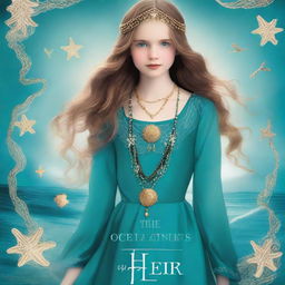 Design a book cover for 'The Ocean’s Heir' featuring a 13-year-old girl wearing a gorgeous, flowing dress made of pure, sea blue silk, embroidered with gold waves