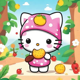 A cute Hello Kitty character holding a tamarind fruit