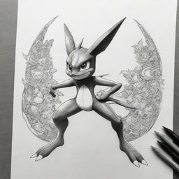 An intricate, black and white sketch of a unique fusion between the Pokemon Greninja and Pikachu, ideal for coloring