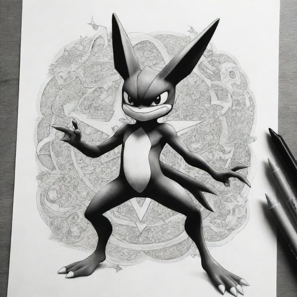 An intricate, black and white sketch of a unique fusion between the Pokemon Greninja and Pikachu, ideal for coloring