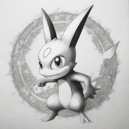 An intricate, black and white sketch of a unique fusion between the Pokemon Greninja and Pikachu, ideal for coloring