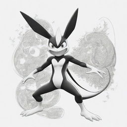 An intricate, black and white sketch of a unique fusion between the Pokemon Greninja and Pikachu, ideal for coloring