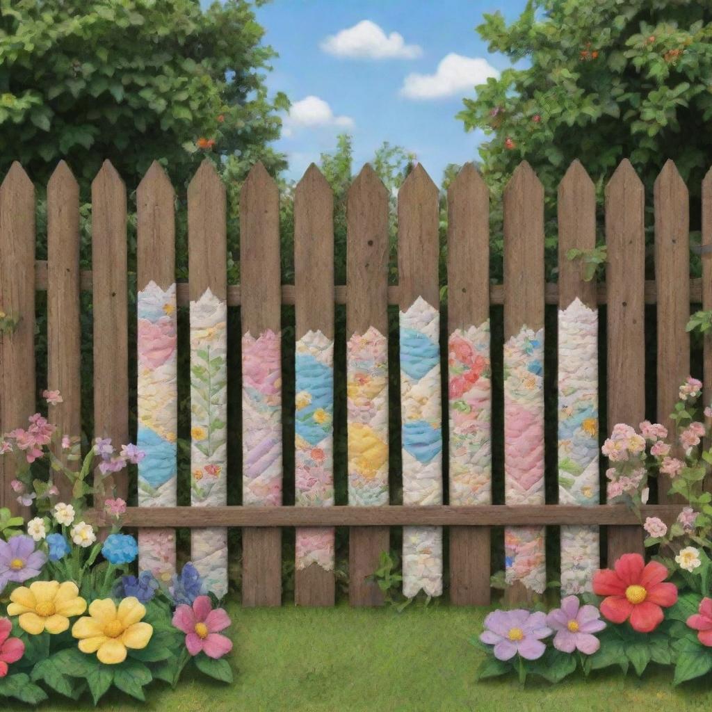 An animated style wooden fence, with an endearing baby quilt, nestled in an enchanting cartoonish little garden.