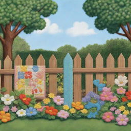 An animated style wooden fence, with an endearing baby quilt, nestled in an enchanting cartoonish little garden.