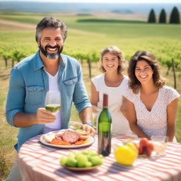 A thirty-year-old Italian man with his family, enjoying a sunny day in an Italian countryside
