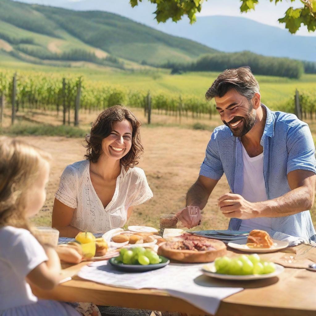 A thirty-year-old Italian man with his family, enjoying a sunny day in an Italian countryside