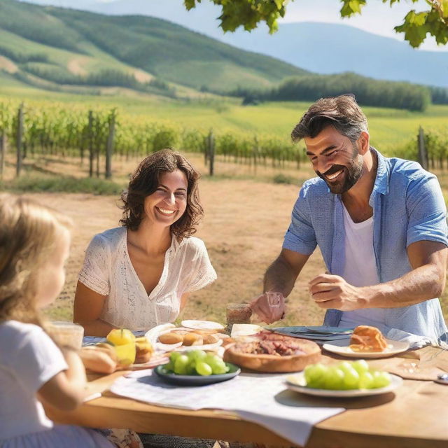 A thirty-year-old Italian man with his family, enjoying a sunny day in an Italian countryside